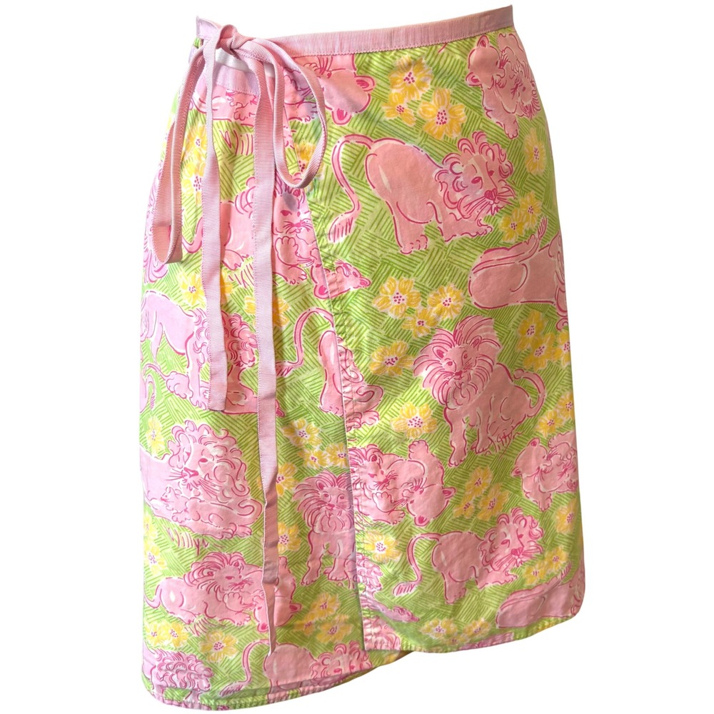 Lilly Pulitzer Vintage Pink Green Prep Lion Print Cotton Wrap Skirt Size 14